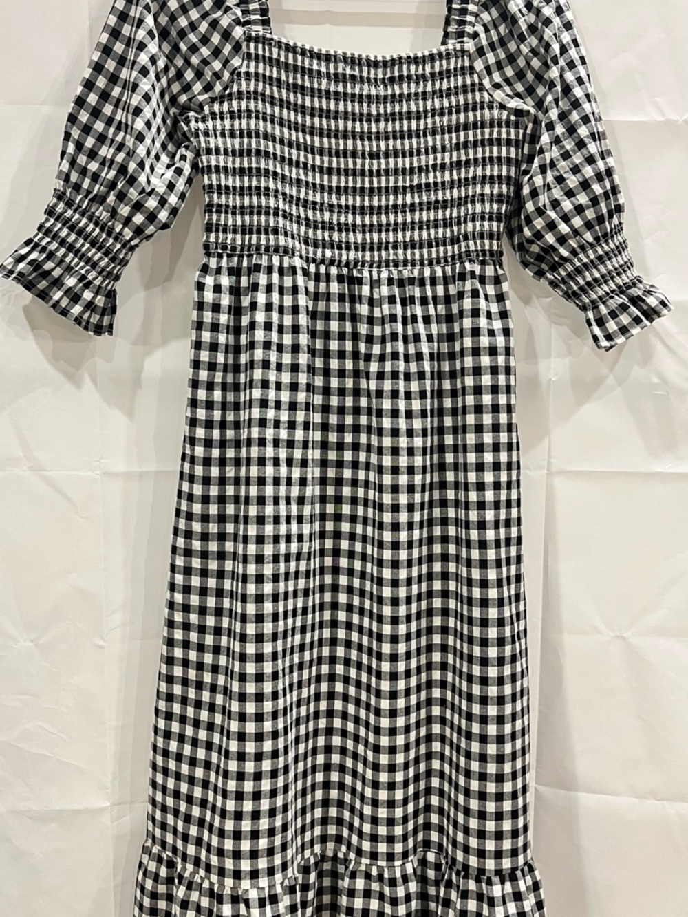 ZESICA Gingham Cottage Dress Smocked Ruffle Puff Sleeve Square Neck Black White